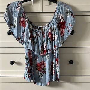 Final Touch Women’s Boho Blue Floral Off-the-Shoulder Cropped Blouse -Size Large